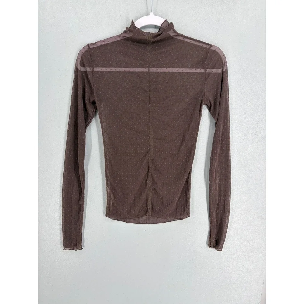 Free People Womens Mesh Top Brown Swiss Dot Sheer Mock Neck XS